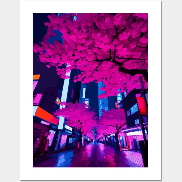 Tokyo City Japan at Night Cyberpunk Cityscape Cherry Blossom Wall Art by Art-Jiyuu